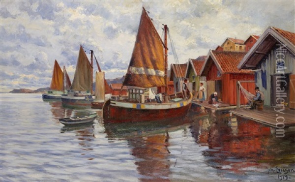 Fiskelage I Bohuslan Med Figurer Oil Painting - Johan Ericson
