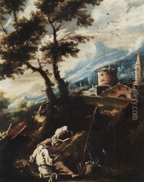 A Landscape With Two Monks Resting Before Some Trees, A Monastery Beyond Oil Painting - Alessandro Magnasco