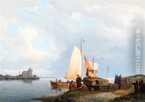 Vissersfamilie Bij Schip Aan De Waterkant Oil Painting - Pieter Cornelis Dommershuijzen