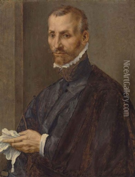 Portrait Of A Man, Half-length, In A Grey Coat And Mantle, Holding A Handkerchief Oil Painting - Tommaso Manzuoli