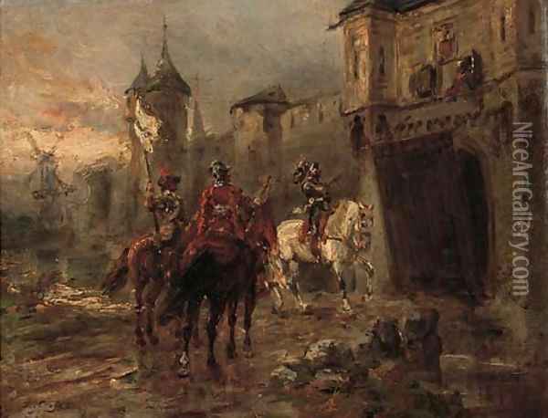 Cavalry officers and a knight outside the castle walls Oil Painting - Ernest Crofts