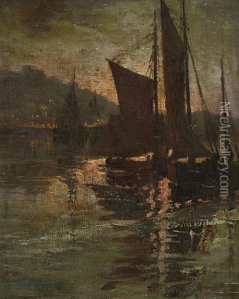 Harbour By Moonlight Oil Painting - Robert Brough