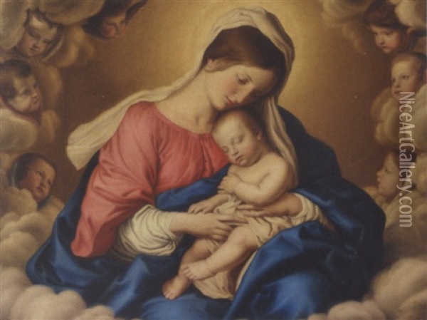 Madonna Med Barnet Omgivet Af Engle Oil Painting - Giovanni Battista Salvi (Il Sassoferrato)