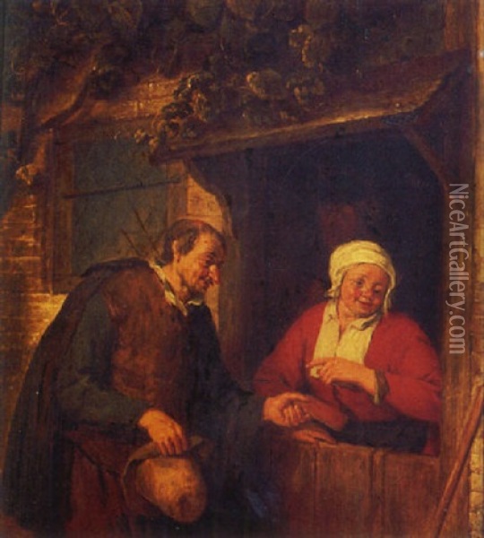 A Traveller Conversing With A Woman At A Cottage Door Oil Painting - Adriaen Jansz van Ostade