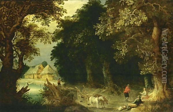 A Wooded Landscape With Travellers Resting Near A Tree, With A Horse-Drawn Wagon On A Path Near A Stream And Farmhouses Beyond Oil Painting - Abraham Govaerts