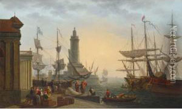 A Classical Harbour Scene With Figures On A Quay And Men Unloading Their Ware Oil Painting - Pierre Joseph Wallaert