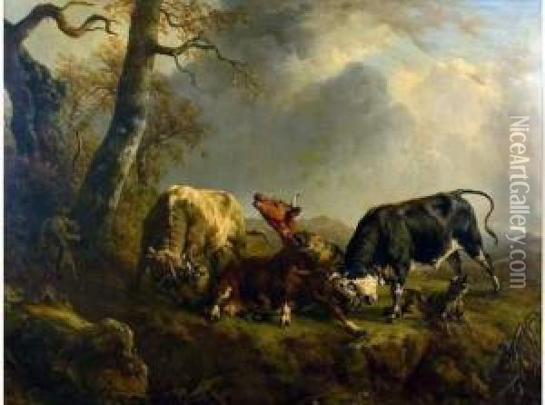 Vache Attaquee Par Des Loups Et Defendue Par Des Taureaux Oil Painting - Jacques Raymond Bracassat