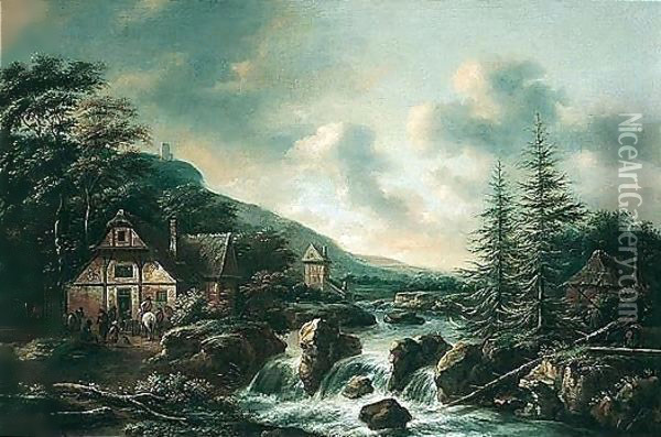 Scandinavian Landscape With Figures Outside A Tavern By A Waterfall Oil Painting - Claes Molenaar (see Molenaer)