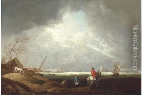A Coastal Landscape With A Horse And Rider And A Fisherman In Theforeground Oil Painting - William II Sadler
