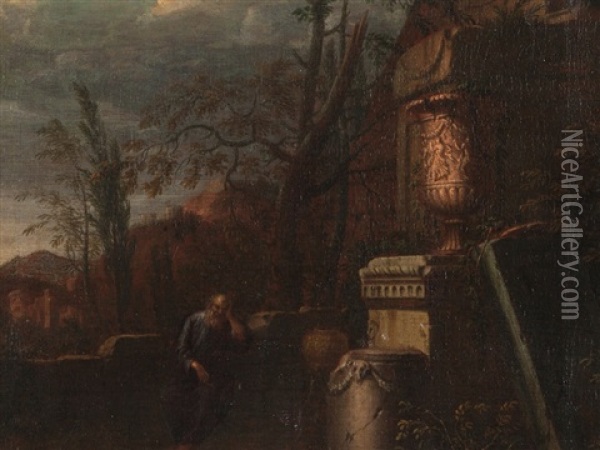 Capriccio With Philosopher Oil Painting - Johann Heinrich Schoenfeldt