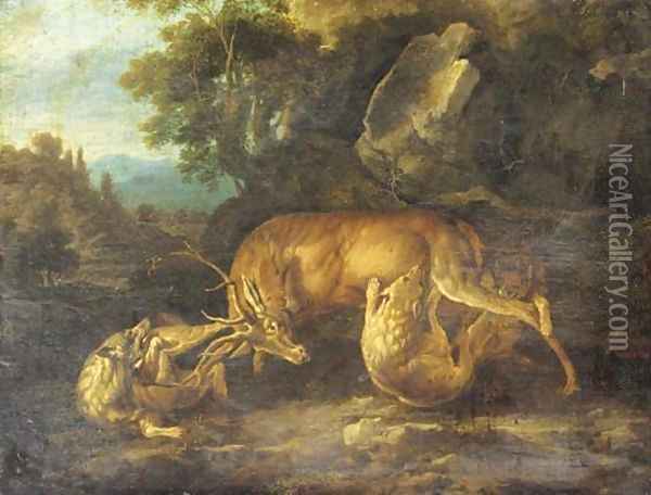 Two wolves attacking a stag in a wooded clearing Oil Painting - Carl Borromaus Andreas Ruthart