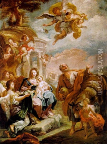 Die Heilige Familie Mit Engeln In Einer Landschaft Oil Painting - Sebastiano Conca