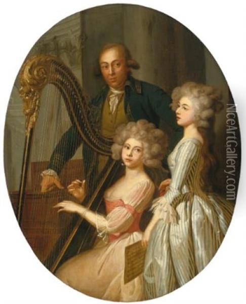A Group Portrait With A Young Woman Playing The Harp, Another Young Woman Singing, And A Gentleman, Possibly Their Music Instructor, Standing Behind Oil Painting - Marie-Victoire Lemoine