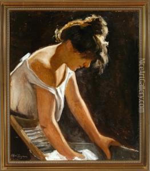 A Woman Is Doing Her Laundry Oil Painting - Christian Aigens