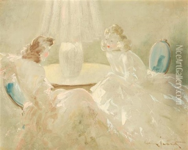 Two Seated Ladies Oil Painting - Louis Icart