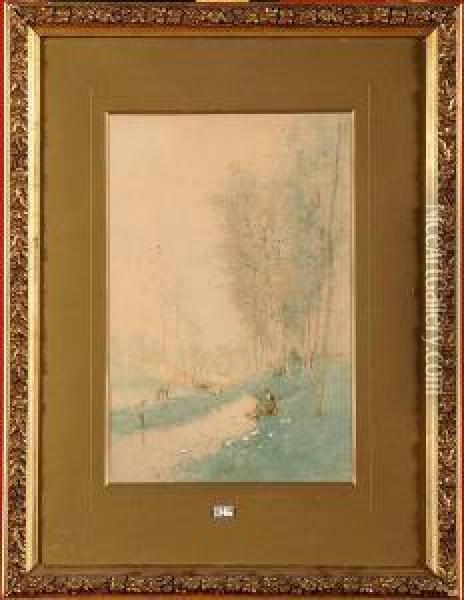 Lavandiere Au Bord Du Ruisseau Oil Painting - Henri Stacquet