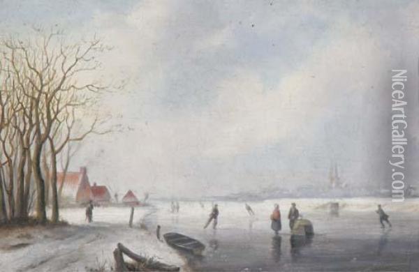 A View Of A River In Winter Oil Painting - Hubertus, Huib Van Hove