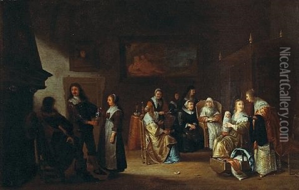 An Interior With A Dutch Family Celebrating The Birth Of A Baby Oil Painting - Adriaen Lucasz Fonteyn