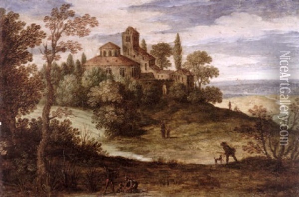 An Italianate Landscape With A Fisherman And His Family Oil Painting - Marten Ryckaert