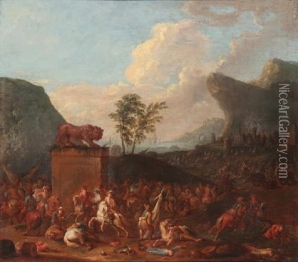A Cavalry Battle Before A Mediterranean Port Oil Painting - Karel Breydel