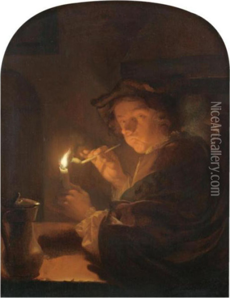 A Nocturnal Interior With A Toper Oil Painting - Godfried Schalcken