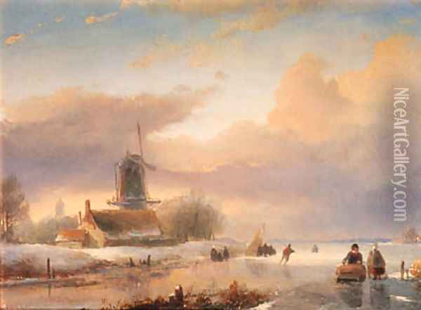 A winter landscape with skaters near a koek-en-zopie Oil Painting - Jan Jacob Spohler