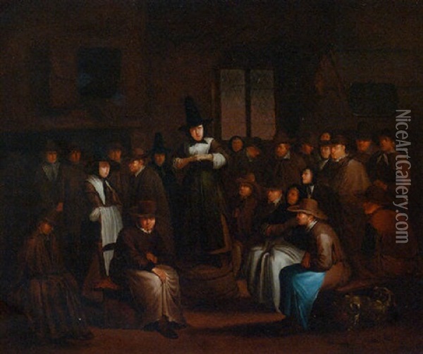A Quaker Meeting Oil Painting - Egbert van Heemskerck the Younger