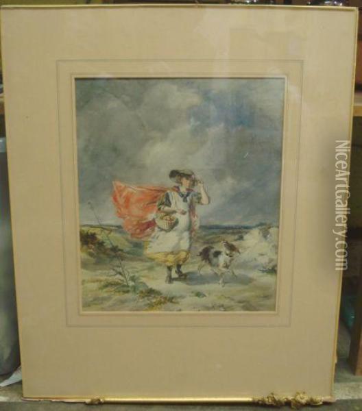 Young Girl Carrying A Basket With A Dog Oil Painting - Paul Falconer Poole