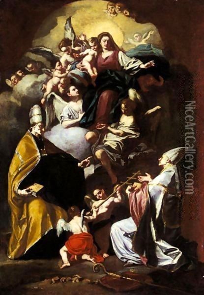 The Madonna And Child With Saints Gregory The Great And Gaudiosus And Angels Oil Painting - Francesco Solimena