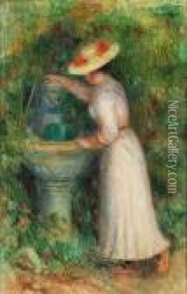 La Fontaine Ou Jeune Fille Pres D'une Fontaine Oil Painting - Pierre Auguste Renoir