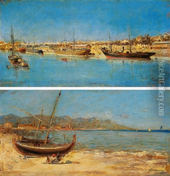 Barcos En Un Puerto (+ Jovenes En La Playa De Barcelona; Pair) Oil Painting - Francisco Cabanzon Hernandez