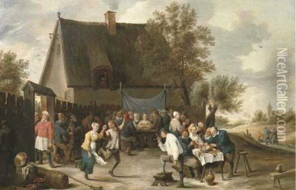 Villagers Celebrating A Wedding Feast Outside A Country Tavern Oil Painting - Matheus van Helmont
