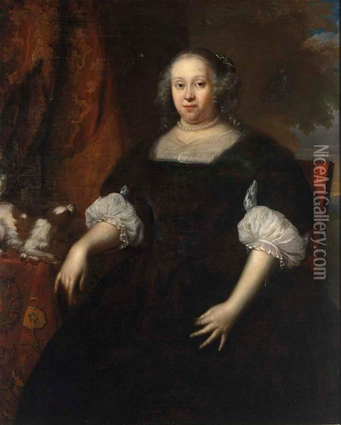A Portrait Of Geertruid Margaretha Van Varick, Seated Three-quarter Length, Wearing A Black Dress With White Lace Cuffs And A Pearl Necklace, Together With A King Charles Spaniel, In A Landscape Setting Oil Painting - Jan de Baen