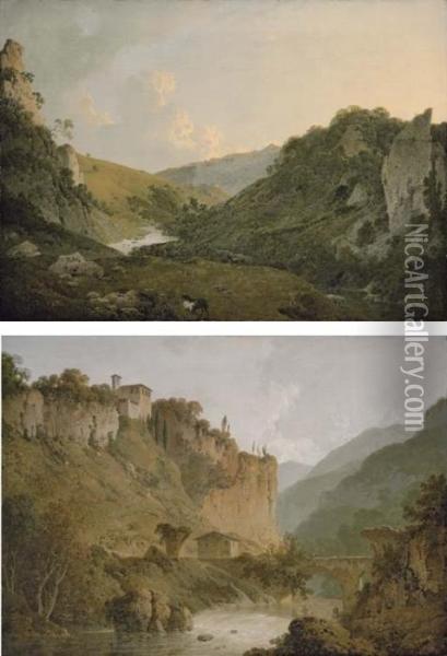 View In Dovedale, Derbyshire; 
And View Of The Convent Of San Cosimato And Part Of The Claudian 
Aquaduct Near Vicovaro In The Roman Campagna Oil Painting - Josepf Wright Of Derby