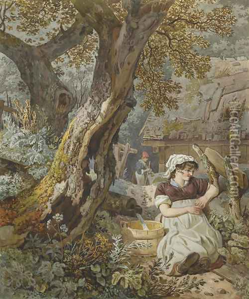 Jeune paysanne assise sous un arbre Oil Painting - Wolfgang-Adam Toepffer