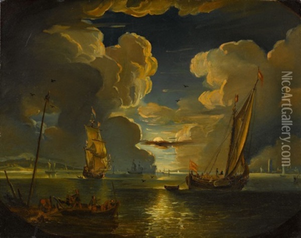 Le Depart Des Navires Au Clair De Lune Oil Painting - Pieter Mulier the Younger
