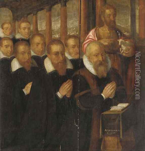 The wing of an altarpiece recto Saint John the Baptist with eight male donors in prayer; verso Saint Antony and Saint Dominic Oil Painting - Flemish School