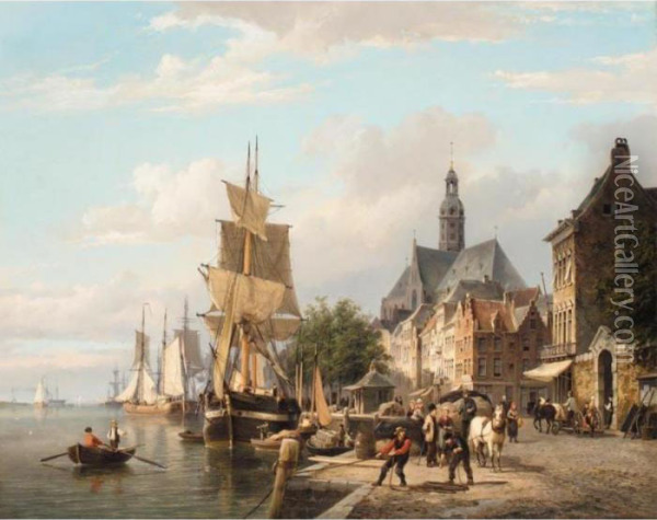 Tallship Moored By A Quayside Oil Painting - Cornelis Christiaan Dommersen