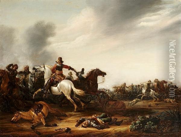 A Cavalry Skirmish On A Plain Oil Painting - Abraham van der Hoef