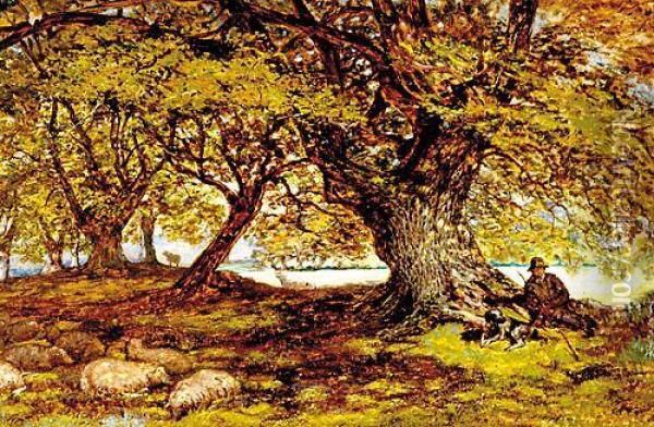 Shepherd Resting Among Trees Oil Painting - Homer Ransford Watson