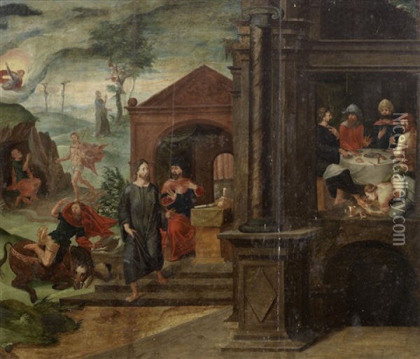 Christ In The House Of Simon The Pharisee And Other Scenes From The Life Of Christ Oil Painting - Lambert Suavius