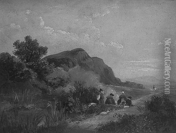 Figures Resting By The Path, With Mountainous Landscape Beyond Oil Painting - James Arthur O'Connor