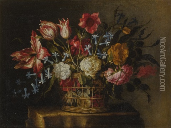 Still Life Of Tulips, Bluebells And Other Flowers In A Basket On A Stone Pedestal Oil Painting - Juan De Arellano