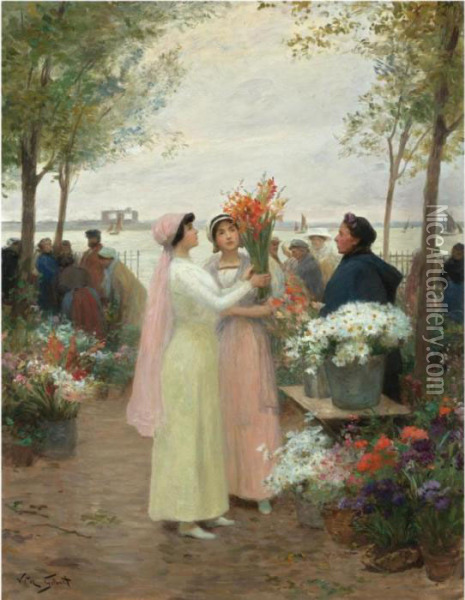 Elegantes Au Marche Des Fleurs Oil Painting - Victor-Gabriel Gilbert