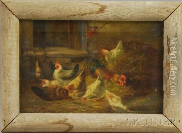 Chickens In A Barnyard Oil Painting - Howard Hill