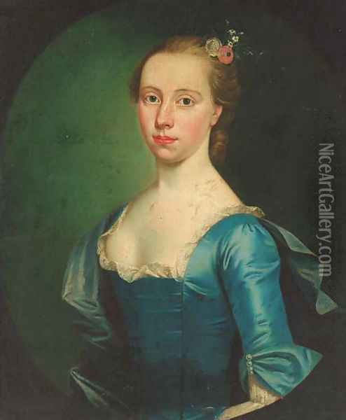 Portrait of Anne Evans Vowell (b.1720), nee Hamilton, in a blue dress with lace collar and blue wrap, feigned oval Oil Painting - Hoare, William, of Bath