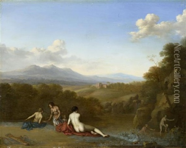 Nymphen Nach Der Jagd In Einer Mediterranen Landschaft Oil Painting - Johan van Haensbergen