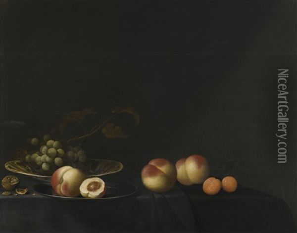 Still Life Of Grapes, Peaches, Apricots And Walnuts, All Upon A Table Draped In A Dark Fabric Oil Painting - Evert Van Aelst