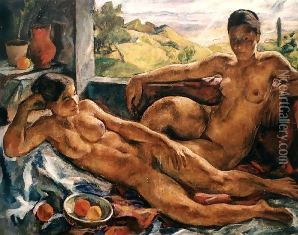 Two Nudes 1923 Oil Painting - Valer Ferenczy