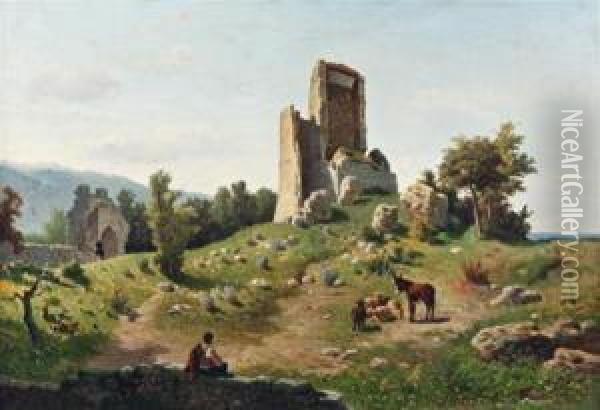 Ruines D'une Tour Dominant La Mer Oil Painting - Lorenzo Gelati